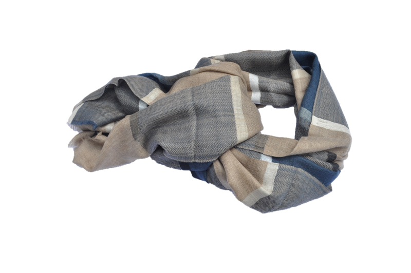 Fine stole in pure authentic cashmere with silk stripes large checks brown, blue and grey