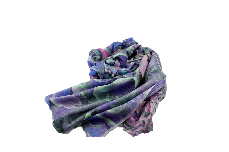 Purple to with pink and blue on a floral print of light and dark green fine pure cashmere stole