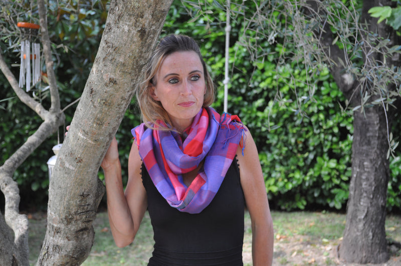 Lightweight multicoloured cashmere and polyester mix stole - Bogota purple, pink, red, blue