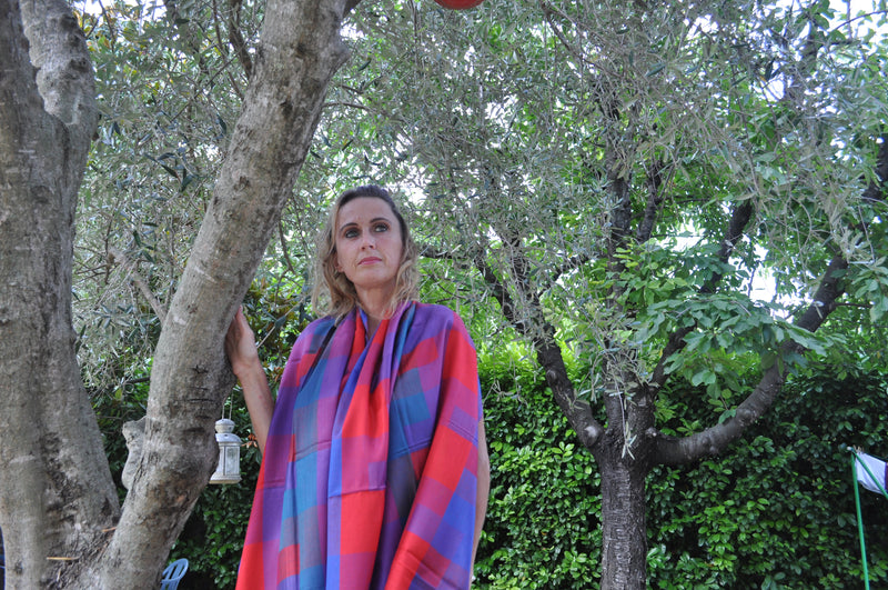 Lightweight multicoloured cashmere and polyester mix stole - Bogota checked purple, red, blue, teal