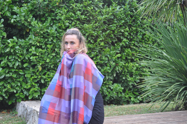 Lightweight multicoloured cashmere and polyester mix stole - Bogota purple, red, blue