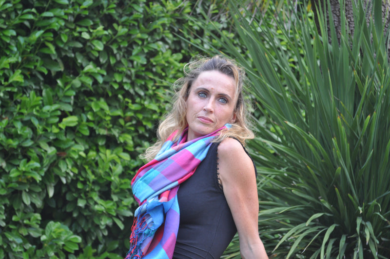 Lightweight multicoloured cashmere and polyester mix stole - Bogota pink, turquoise, purple, teal, blue