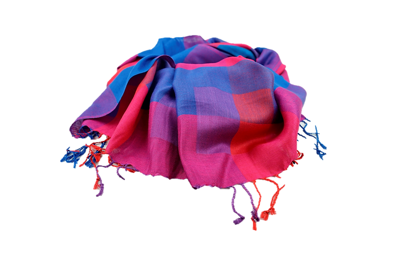 Lightweight multicoloured cashmere and polyester mix stole - Bogota sky blue, red, purple