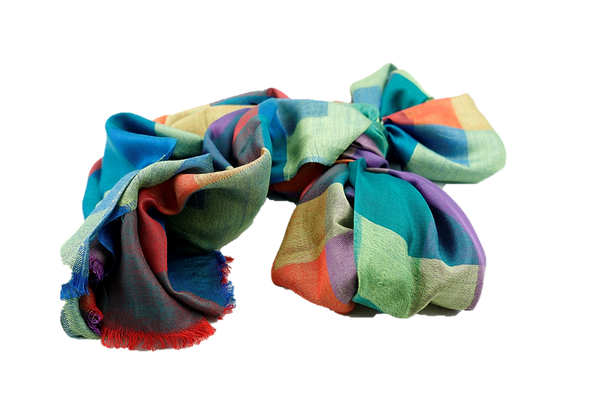 Lightweight multicoloured cashmere and polyester mix stole - Bogota green, teal, blue, orange 