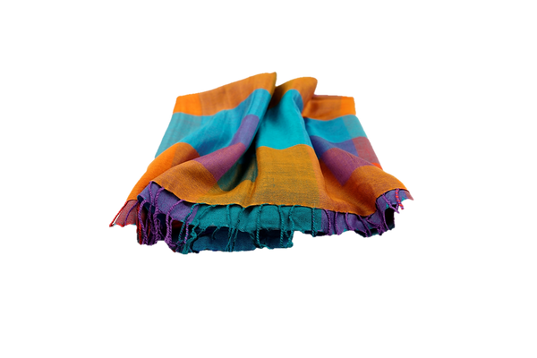 Lightweight multicoloured cashmere and polyester mix stole - Bogota teal, orange, purple, pink