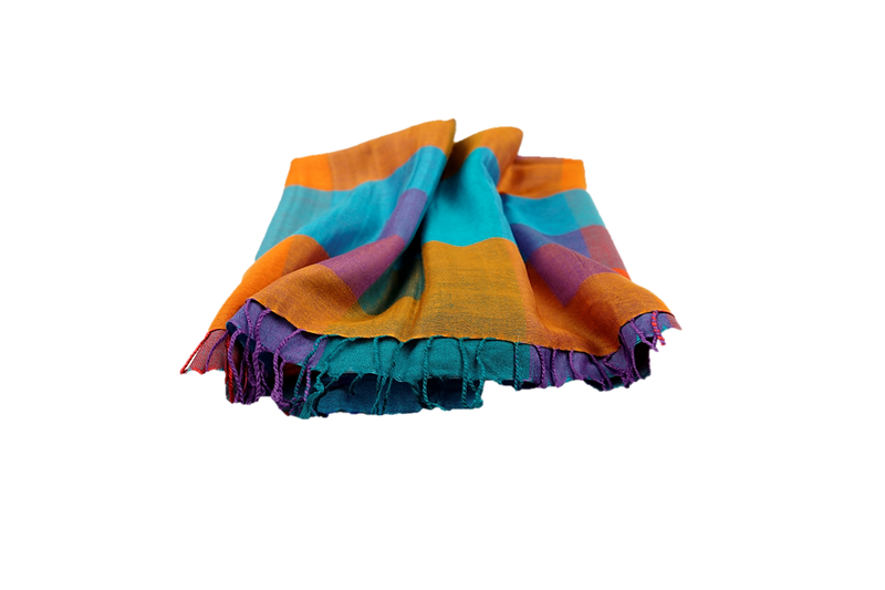 Lightweight multicoloured cashmere and polyester mix stole - Bogota teal, orange, purple, pink