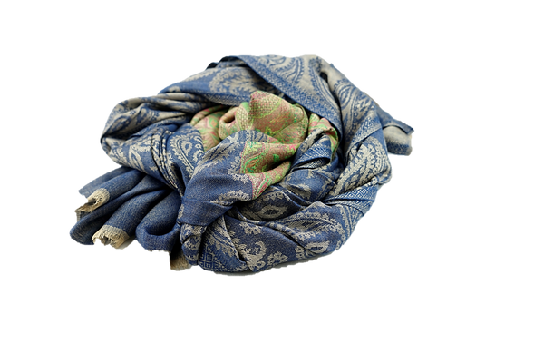 Deep blue cashmere stole with light brown paisley and touches of pink and green in border