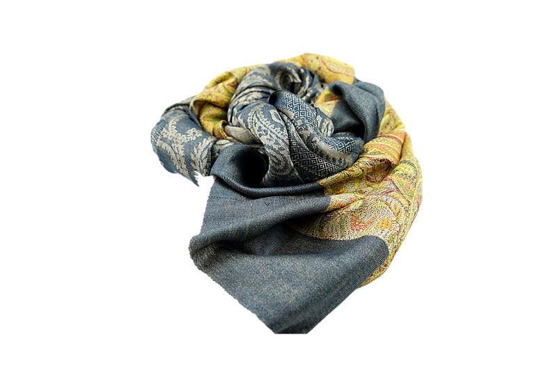 Dark blue with light brown paisley pattern border with range of yellow and light green fine cashmere and polyester stole