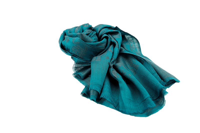 Dark teal elephant pattern with dark grey fine cashmere and polyester stole