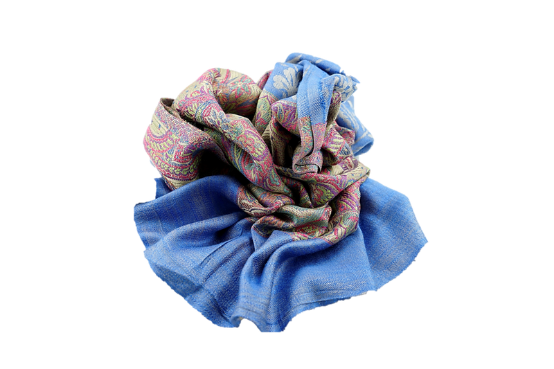 Light blue paisley with beige and pink and green in border fine cashmere and polyester stole