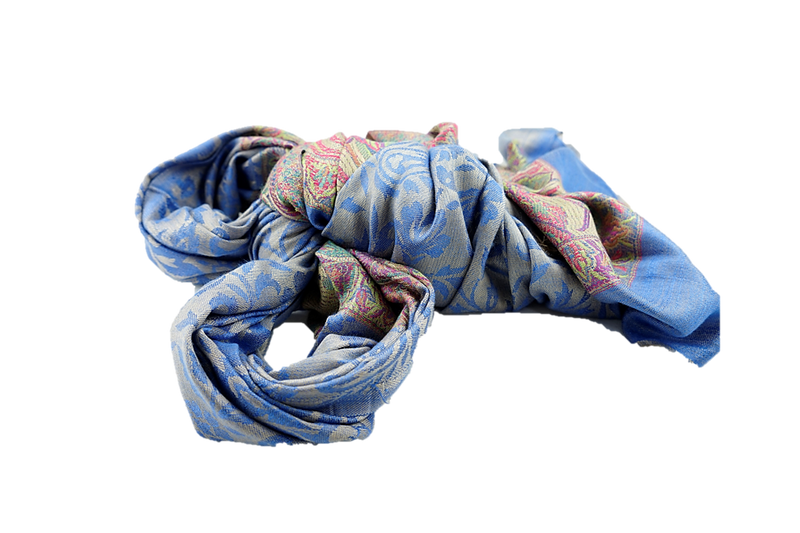 Light blue paisley with beige and pink and green in border fine cashmere and polyester stole