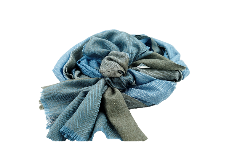 Blue and dark grey zig-zag pattern lightweight authentic cashmere stole