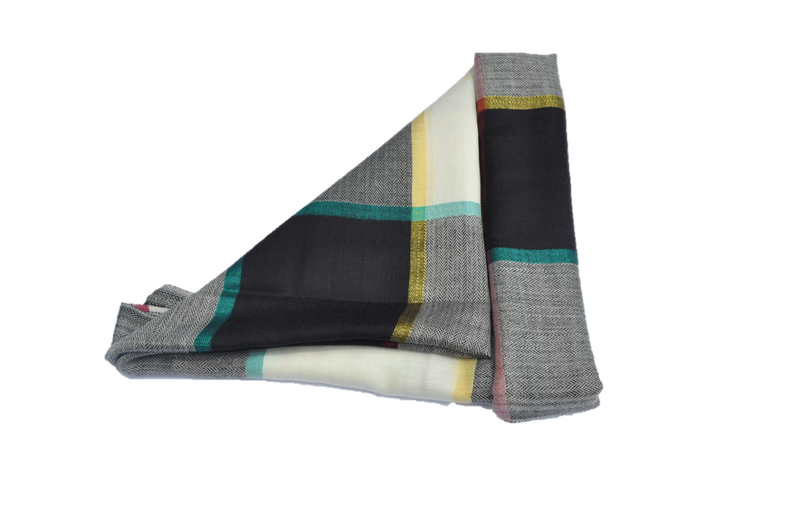 Fine stole in pure authentic cashmere with silk stripes large checks cream, yellow, black, green and pink